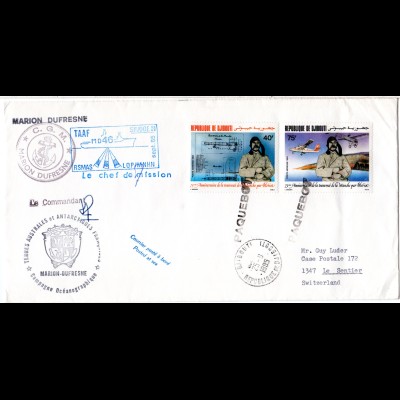 Djibouti Antarktis 1985, 2 Marken auf Marion Dufresne Brief m. Unterschrift