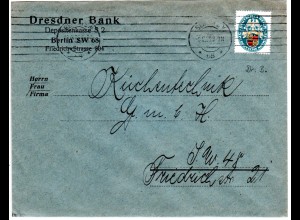 DR 1925, 5 Pf. Nothilfe m. perfin Firmenlochung auf Bank Brief v. Berlin