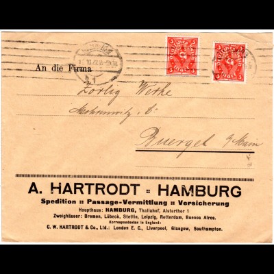 DR 1926, MeF 2x3 Mk. m. perfin Firmenlochung auf Firmen Brief v. Hamburg