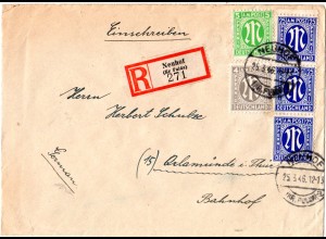 1946, 4+5+3x25 Pf. AM Post auf portorichtigem Einschreiben Brief v. Neuhof Fulda