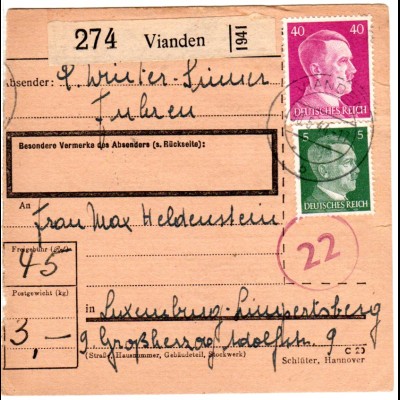Luxemburg 1944, 5+40 Pf. auf Paketkarte v. Vianden
