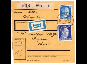 Luxemburg 1944, 20+25 Pf. auf Paketkarte v. Wilz m. blauem "B" Paketzettel