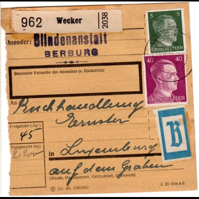 Luxemburg 1944, 5+40 Pf. auf Paketkarte v. Wecker m. blauem "B" Paketzettel