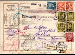 DR 1926, 13 Marken vorder- u. rückseitig auf Paketkarte v. Stuttgart n. Norwegen