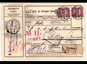 DR 1926, 4x100+80 Pf. vorder- u. rücks. auf Paketkarte v. Neustadt n. Norwegen