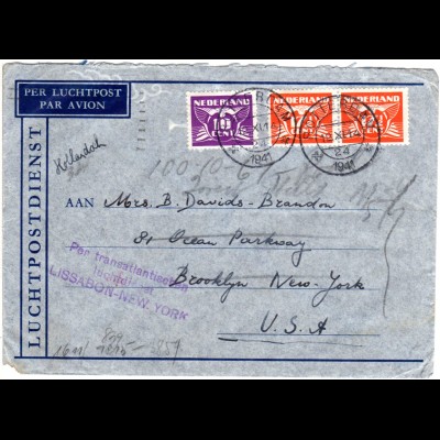 NL 1941, 10+2x17 1/2 C auf Zensur Brief m. Luftpostleitstempel Lissabon-New York