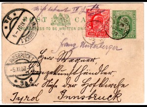 GB 1907, 1d on 1/2d stationery to Austria with LITTLEBOROUGH thimble cds