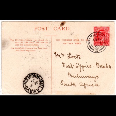 GB 1903, 1d on postcard to Rhodesia with Walthams Town cancel