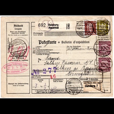 DR 1926, 40+50+2x100 Pf. auf Paketkarte v. Duisburg-Hochfeld n. Norwegen