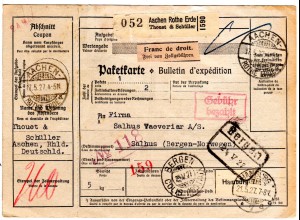 DR 1927, roter R2 Gebühr bezahlt v. Aachen Rothe Erde auf Paketkarte n. Norwegen