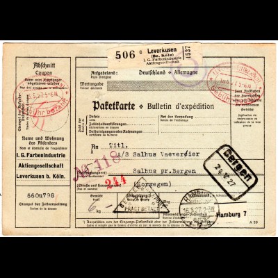 DR 1927, Paketkarte m. rotem Gebühr bezahlt Ovalstempel v Leverkusen n. Norwegen