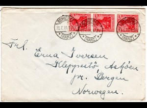 DR 1921, MeF 3er-Streifen 40 Pf. auf Brief v. Schierke (Harz) n. Norwegen