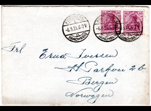 DR 1921, MeF Paar 60 Pf. violett auf Brief v. Freiberg (Sachsen) n. Norwegen