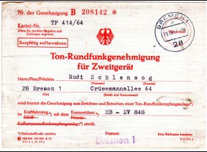 BRD 1967, Formular Rundfunkgenehmigung f. Zweitgerät m. Stempeln v. Bremen