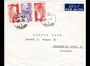 Syrien 1954, 25+2x7 P. auf Luftpost Brief m. 2-sprachigem Par Avion Etikett