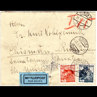 Österreich 1937, 40+45 G. auf Luftpost Brief v. Wien n. Rumänien