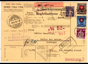 Schweiz 1926, 4 Marken auf Wert Paketkarte v. Emmenbrücke n. Bergen, Norwegen 