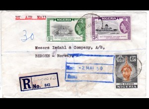 Nigeria 1959, 3+6d+1 Sh. auf Luftpost Einschreiben Brief v. Lagos n. Norwegen