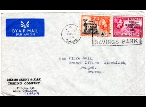 Gold Coast 1957, 3d+1 Sh. Ghana auf Luftpost Brief v. Accra n. Norwegen