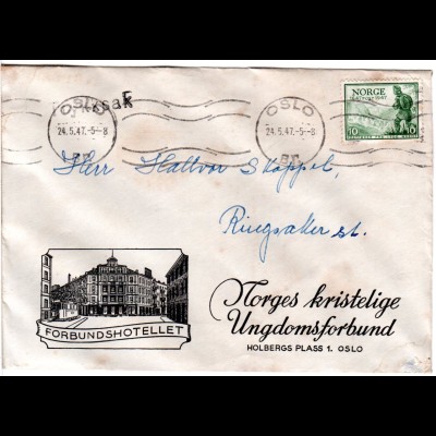 Norwegen 1947, EF 10 öre auf illustriertem Ungdomsforbund Brief v. Oslo 