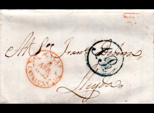 Spanien 1852, Brief m. rotem Stpl. CALAF CATALUNA u. K1 "J.R." n. Lerida.