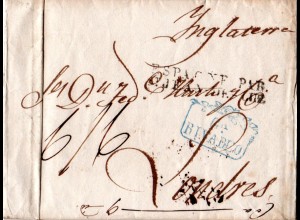 Spanien 1830, Brief v. Rivadeo via Frankreich n. GB m. hohem Porto 6 Sh.6d.