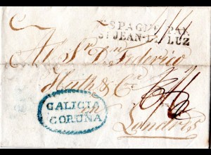 Spanien 1829, Brief m. Zierovalstpl. GALICIA CORUNA u. korrigiertem Porto n. GB