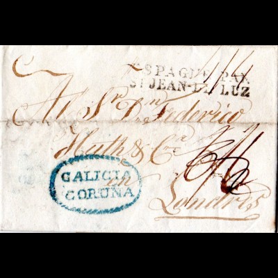 Spanien 1829, Brief m. Zierovalstpl. GALICIA CORUNA u. korrigiertem Porto n. GB
