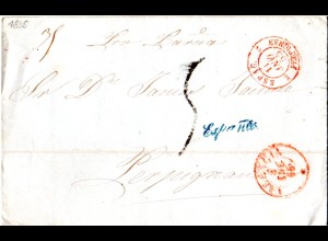 Spanien 1855, blauer L1 Espana auf Porto Brief m. v. Valencia n. Frankreich