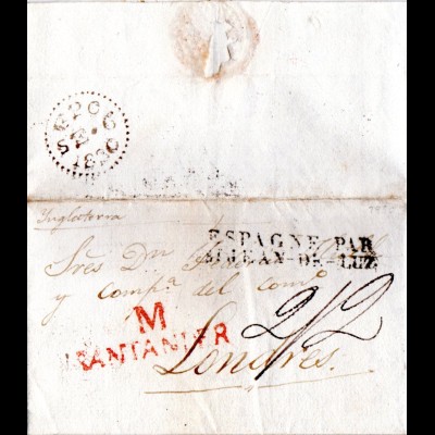 Spanien 1830, roter L2 M SANTANDER auf Porto Brief via Frankreich n. GB