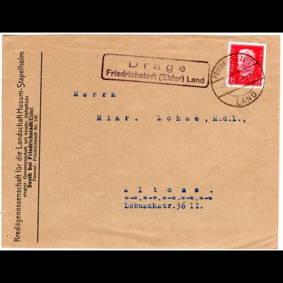 DR 1930, Landpost Stpl. DRAGE über Friedrichstadt auf Briefvorderseite m. 12 Pf.
