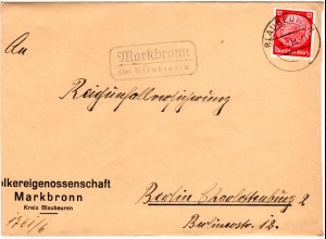 DR 1936, Landpost Stpl. MARKBRONN über Blaubeuren auf Brief m. 12 Pf.
