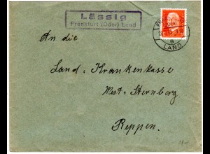 DR 1932, Landpost Stpl. LÄSSIG über Frankfurt (Oder) auf Brief m. 12 Pf.