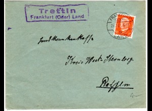 DR 1932, Landpost Stpl. TRETTIN über Frankfurt (Oder) auf Brief m. 12 Pf.