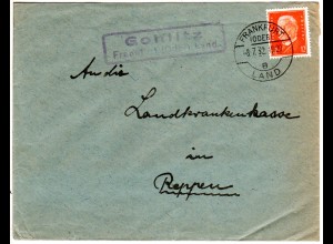 DR 1932, Landpost Stpl. GOHLITZ über Frankfurt (Oder) auf Brief m. 12 Pf.