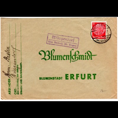 DR 1937, Landpost Stpl. WÜRGENDORF über Burbach (Kr. Siegen) auf Brief m. 12 Pf.
