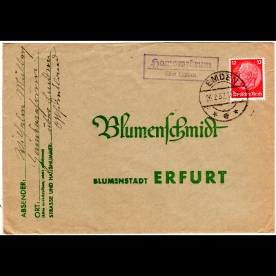 DR 1937, Landpost Stpl. HAMSWEHRUM über Emden auf Brief m. 12 Pf.