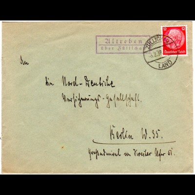 DR 1938, Landpost Stpl. ALTREBEN über Züllichau auf Brief m. 12 Pf.