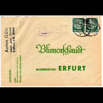 DR 1937, Landpost Stpl. GREFFERN über Bühl auf Brief m. 2x6 Pf.