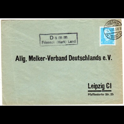 DR 1933, Landpost Stpl. DAMM über Friesack (Mark) Land auf Brief m. 4 Pf.