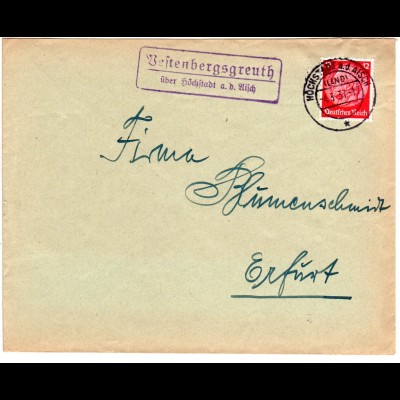 DR 1937, Landpost Stpl. VESTENBERGSGREUTH über Höchstadt auf Brief m. 12 Pf.