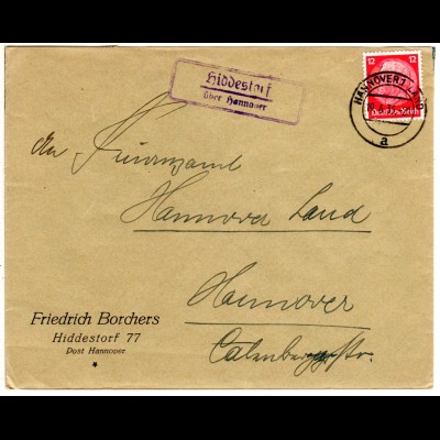 DR 1935, Landpost Stpl. HIDDESTORF über Hannover auf Brief m. 12 Pf.