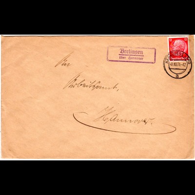 DR 1933, Landpost Stpl. BRELINGEN über Hannover auf Brief m. 12 Pf.