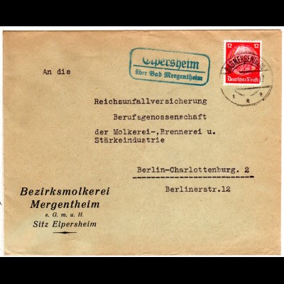 DR 1936, Landpost Stpl. ELPERSHEIM über Bad Mergentheim auf Brief m. 12 Pf.