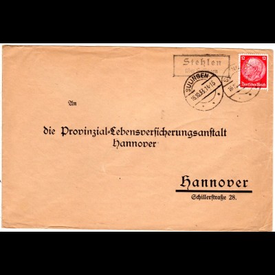 DR 1933, Landpost Stpl. STEHLEN über Sulingen auf Brief m. 12 Pf.