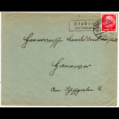DR 1933, Landpost Stpl. SIEDEN über Sulingen auf Brief m. 12 Pf.