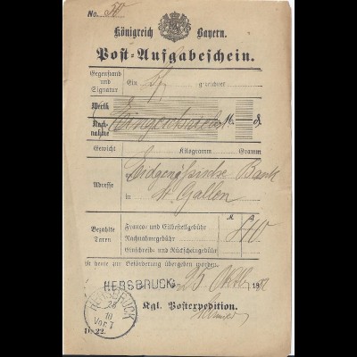 Bayern 1882, Hersbruck, L1 u. K1 zus. auf Postschein f. Einschreiben. #2842