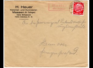 DR 1933, roter (!) Landpost Stpl. MAASEN über Sulingen auf Brief m. 12 Pf. 