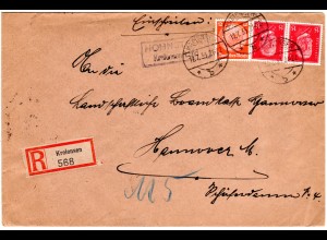 DR 1933, Landpost Stpl. HOHNSTEDT Kreiensen Land auf Reko Brief m. 12+2x15 Pf. 