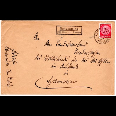 DR 1935, Landpost Stpl. SCHAMERLOH über Uchte (Bz. Bremen) auf Brief m. 12 Pf. 